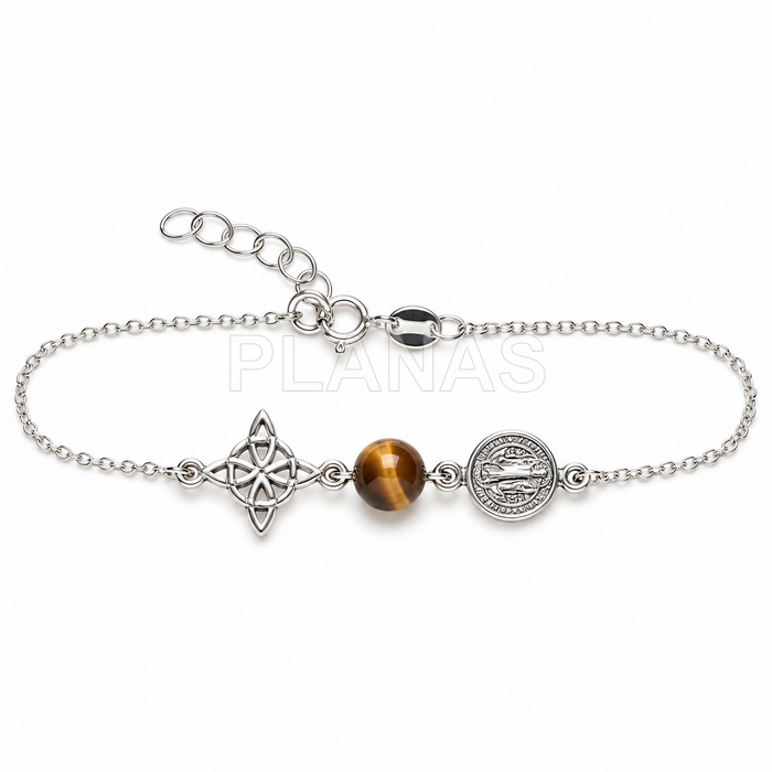 Pulsera en Plata de ley, San Benito, nudo de brujas y Ojo de tigre. TRIPLE PROTECCIÓN.