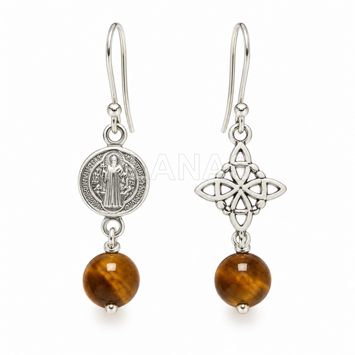 Pendientes en Plata de ley, San Benito, nudo de brujas y Ojo de Tigre. TRIPLE PROTECCIÓN.