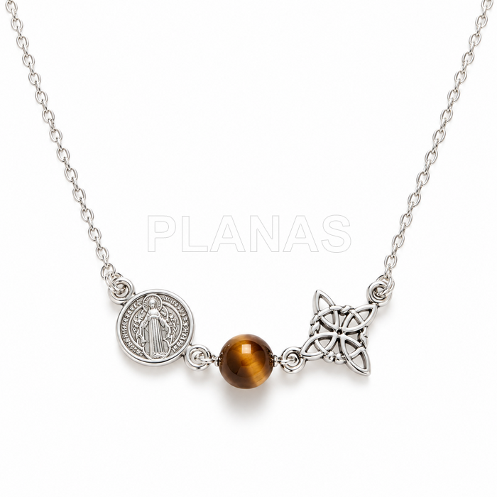 Collar en Plata de ley, San Benito, Nudo de brujas y Ojo de Tigre. TRIPLE PROTECCIÓN.