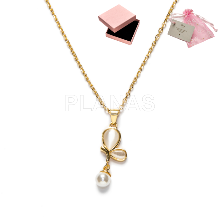 Collar en Plata de ley y Baño Oro con Nacar y Perla Shell de 5mm. MARIPOSA.