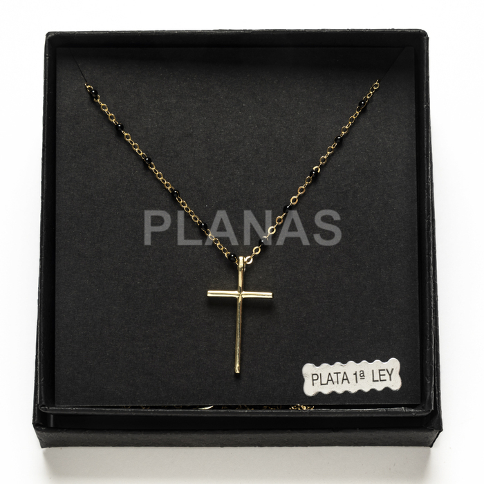 Collar en Plata de ley y Baño Oro con bolitas esmaltadas. CRUZ.