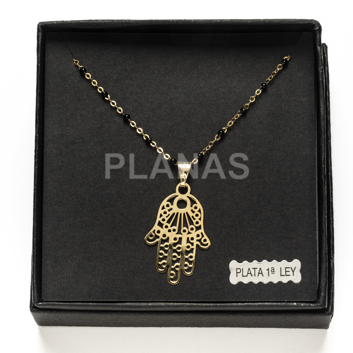 Collar en Plata de ley y Baño Oro con bolitas esmaltadas. MANO DE MATIMA.