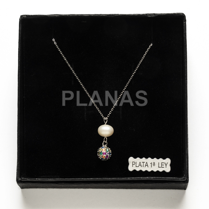Collar en Plata de ley rodiada con Circonitas de colores y perla cultivada.