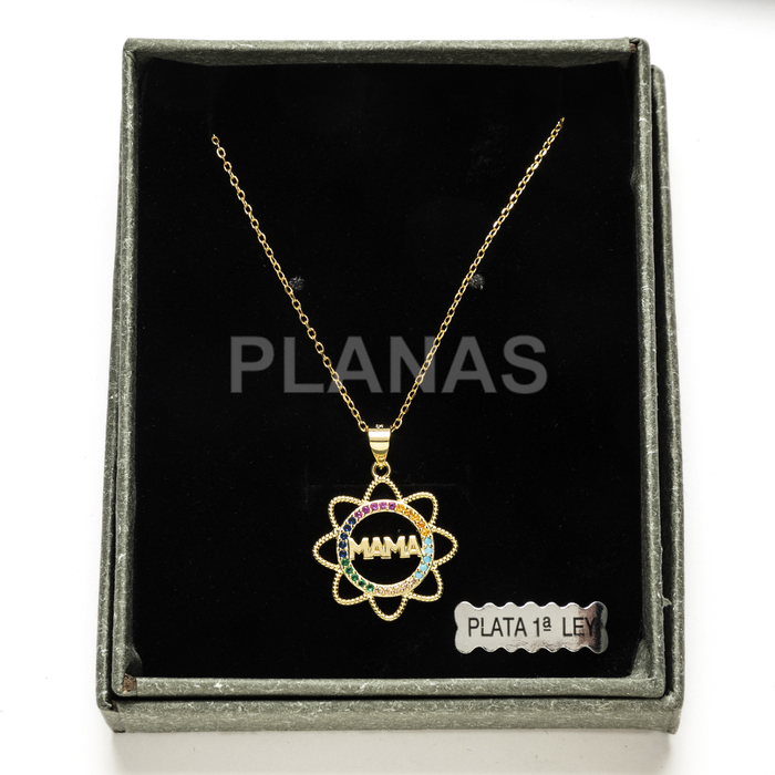 Colar em prata de lei e banhado a ouro com zircônias cúbicas coloridas. mama.