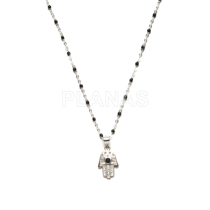 Collar en Plata de ley y bolitas esmaltadas. MANO DE FATIMA.    