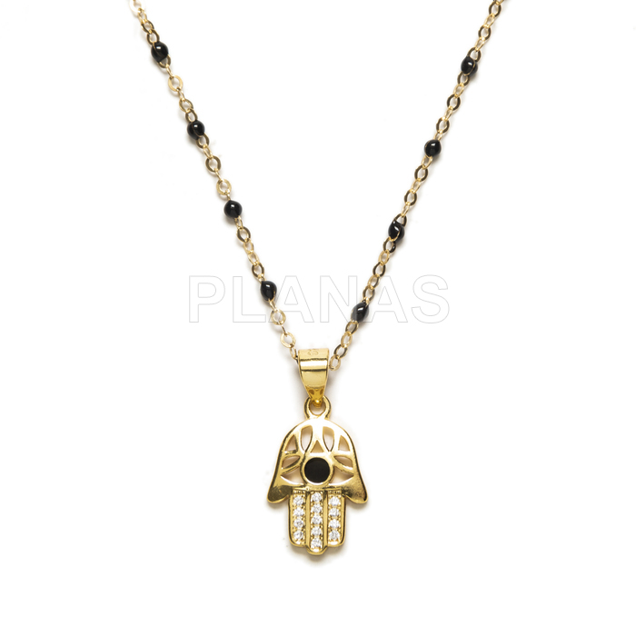 Collar en Plata de ley y Baño Oro con bolitas esmaltadas. MANO DE FATIMA.    