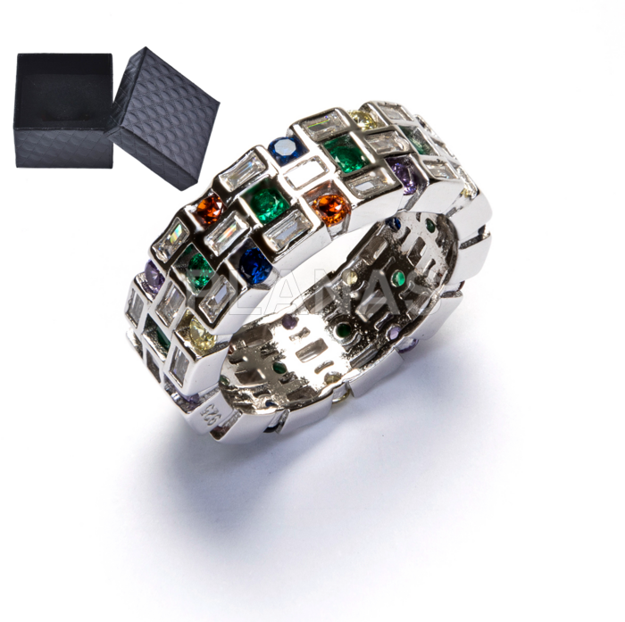 Anel em prata de lei com banho de ródio e zircônias cúbicas coloridas. 