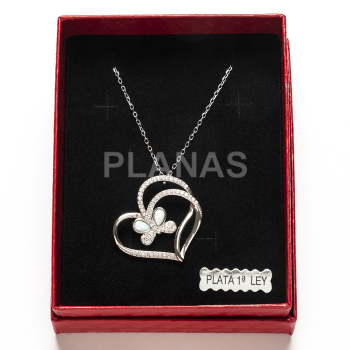 Collar en plata de ley rodiada con Circonitas y Opalo. CORAZÓN.