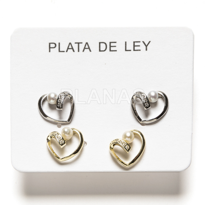Pack de 2 pares de pendientes en plata de ley con Circonitas y perla. CORAZÓN. 