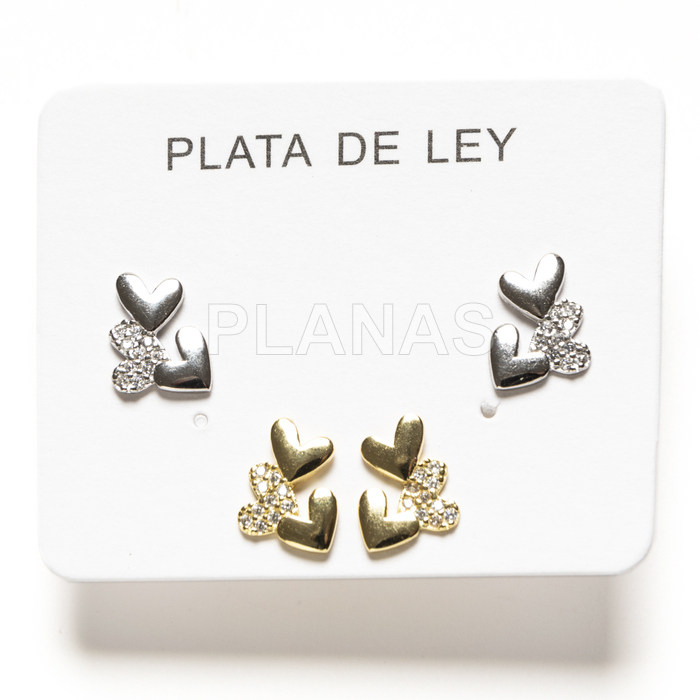Pack de 2 pares de pendientes en plata de ley Rodiada y Circonitas. CORAZÓN. 