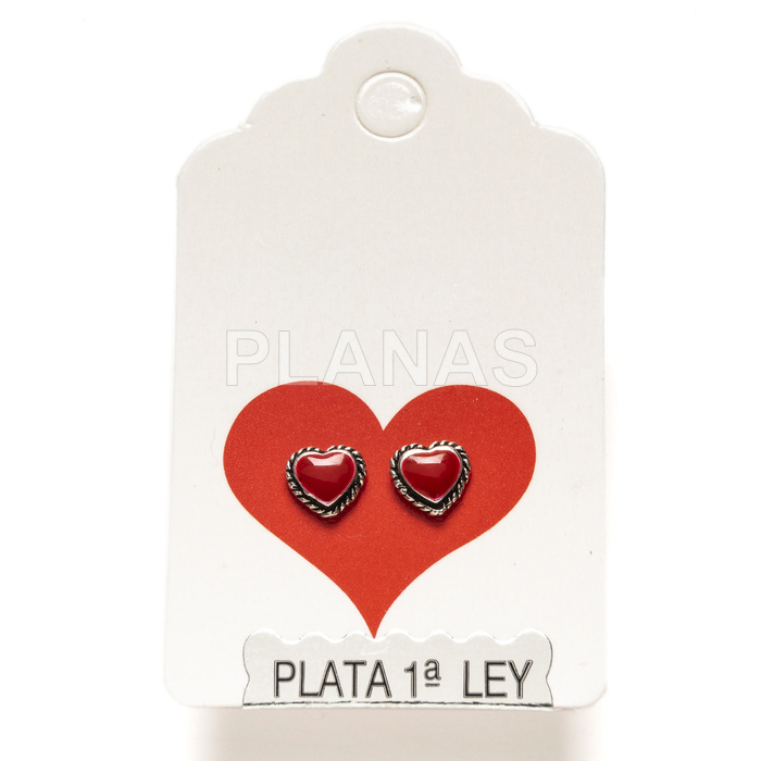 Pendientes en plata de ley y esmalte Coral. CORAZÓN.