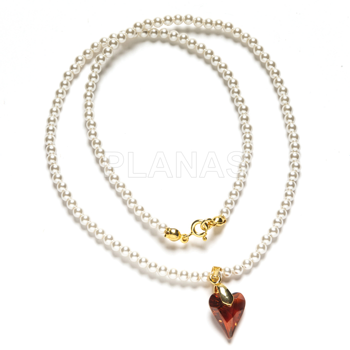 Colar em prata de lei e banhado a ouro com pérolas de alta qualidade de 3mm. formato de coração.
