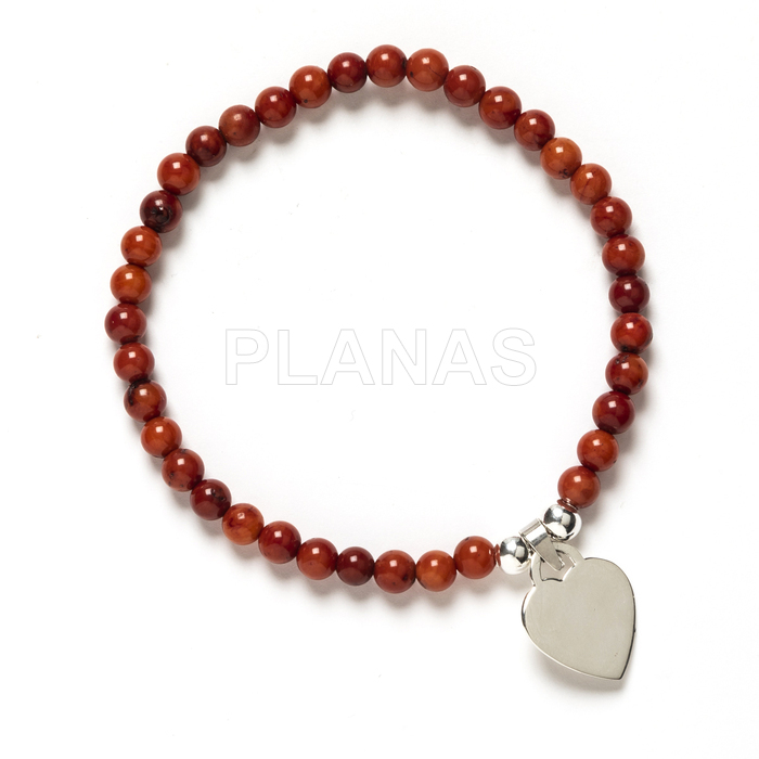 Pulsera elástica con Coral sintético y plata de ley. CORAZÓN.