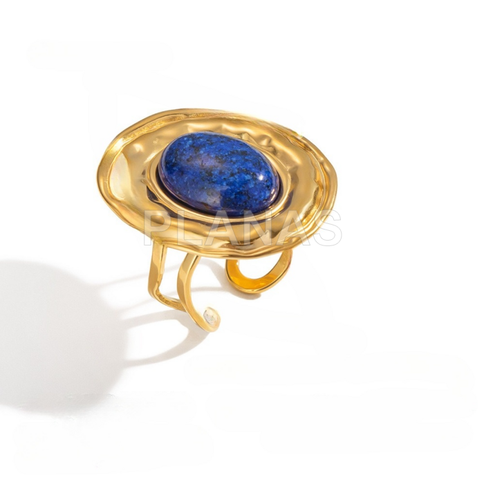 Anel em aço inoxidável 304 banhado a ouro com lápis-lazúli.