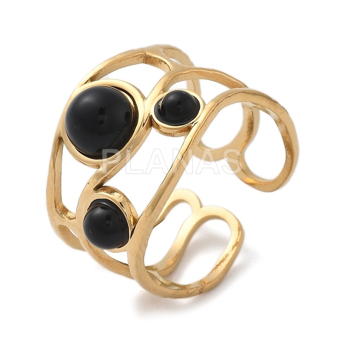 Anel em aço inoxidável 304 com banho de ouro e ágata preta.