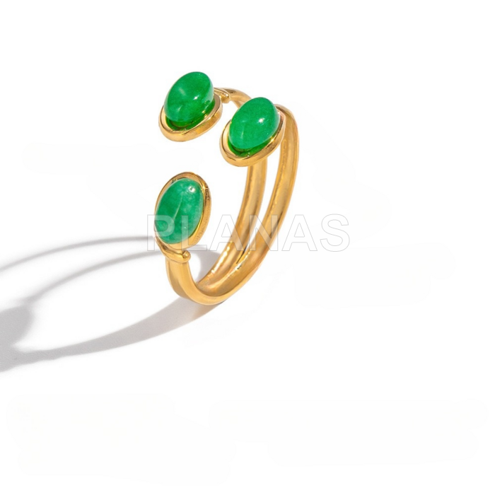 Anel em aço inoxidável 304 com banho de ouro 18k e aventurina verde.