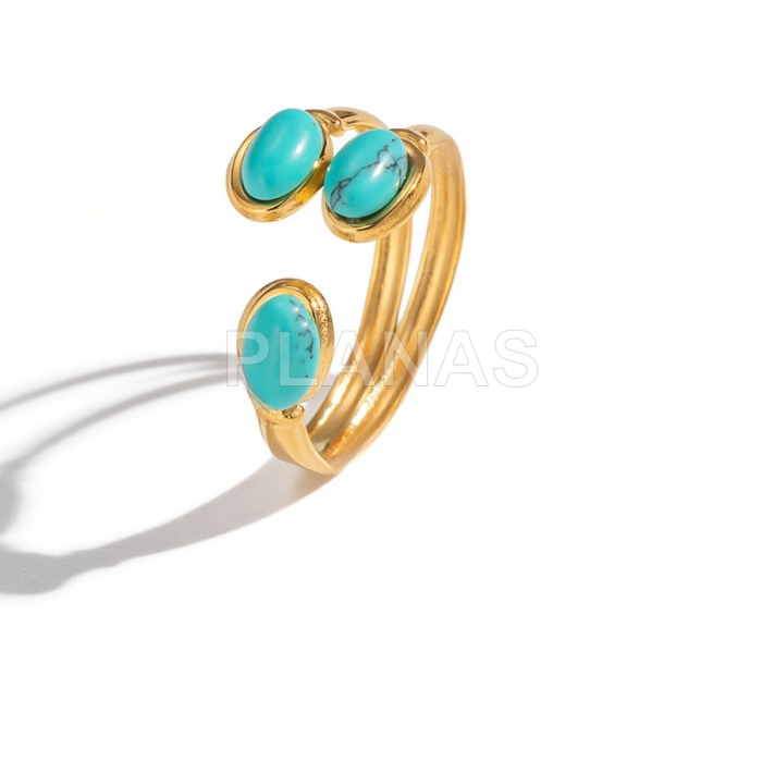 Anel em aço inoxidável 304 com banho de ouro 18k e turquesa.