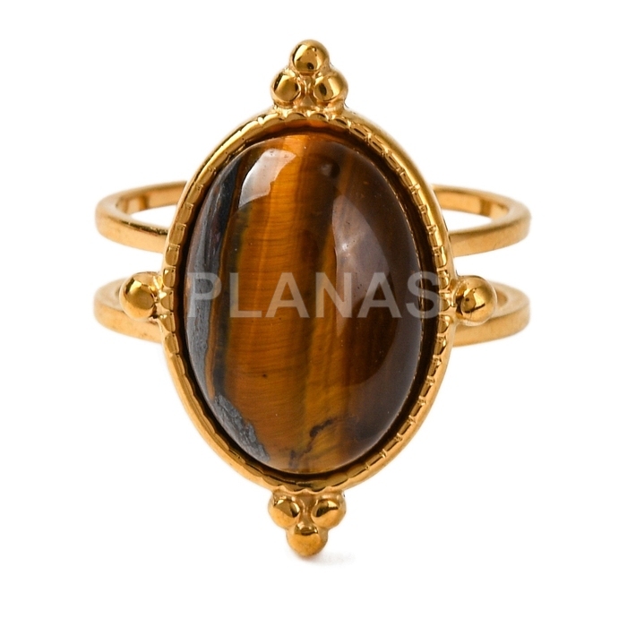 Anel em aço inoxidável 304 com banho de ouro e detalhe em olho de tigre.