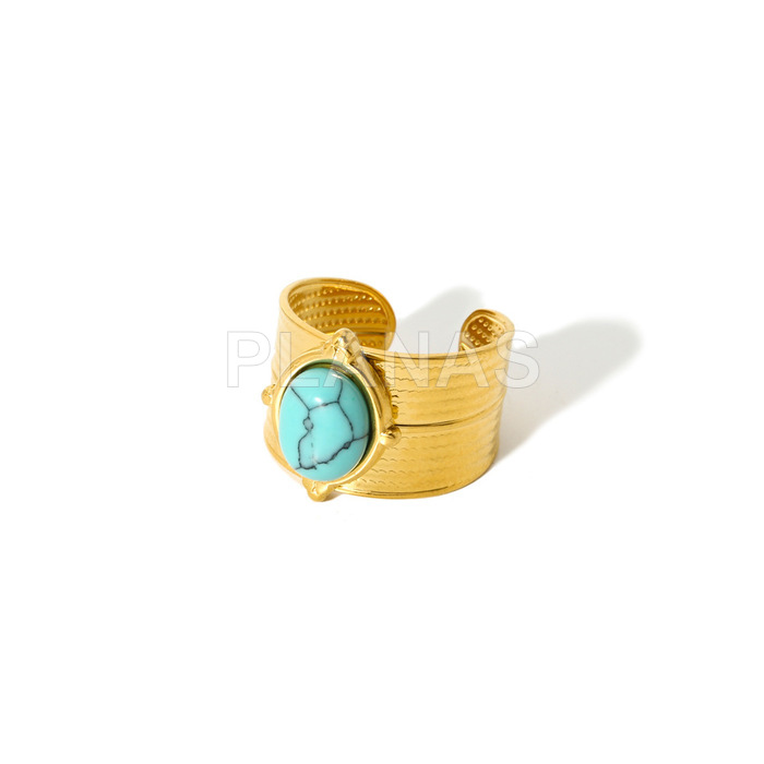 Anel em aço inoxidável 304 com banho de ouro e turquesa.