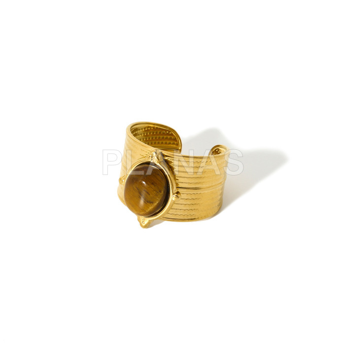 Anel em aço inoxidável 304 com banho de ouro e detalhe em olho de tigre.