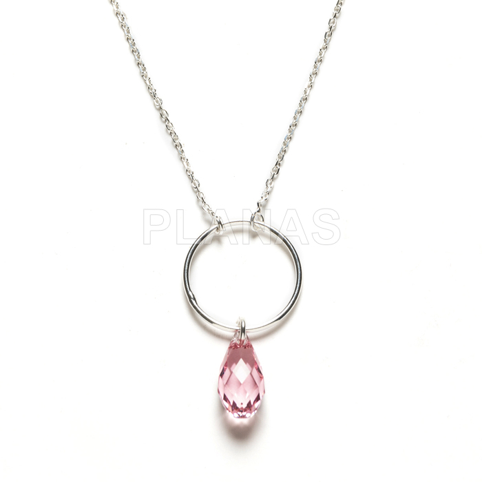Colar em prata de lei com pingente em forma de lágrima da swarovski na cor rosa claro.