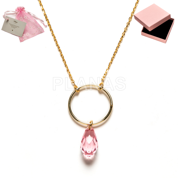 Collar en Plata de ley y baño Oro con lagrima de Swarovski en Light Rose.