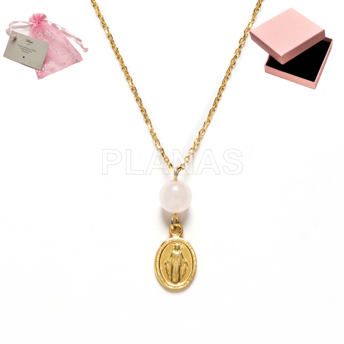 Collar en Plata de ley y baño Oro con Quarzo Rosa. MILAGROSA.
