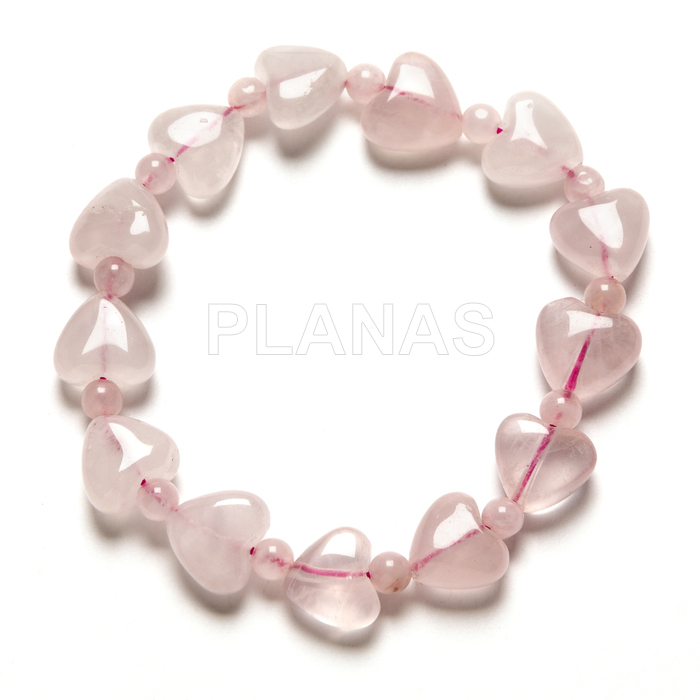 Pulseira elástica com quartzo rosa. corações. 