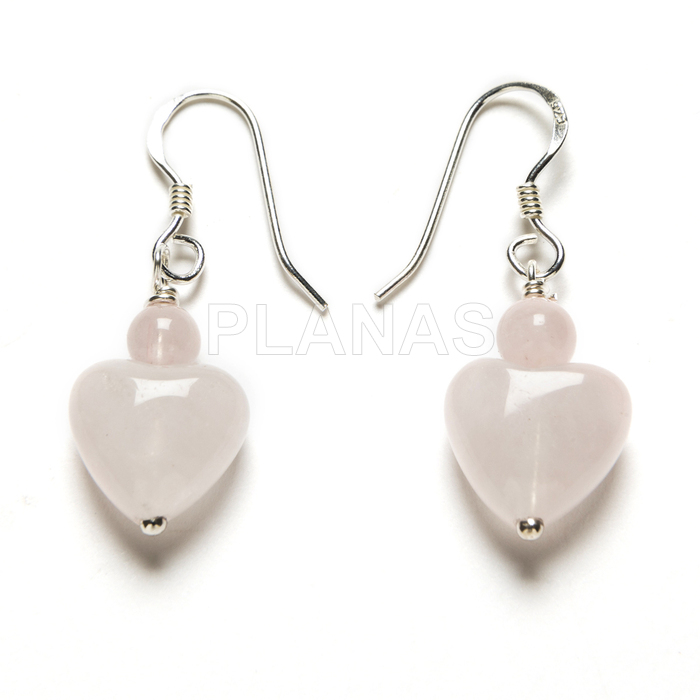 Pendientes en Plata de ley y Quarzo rosa. CORAZÓN.