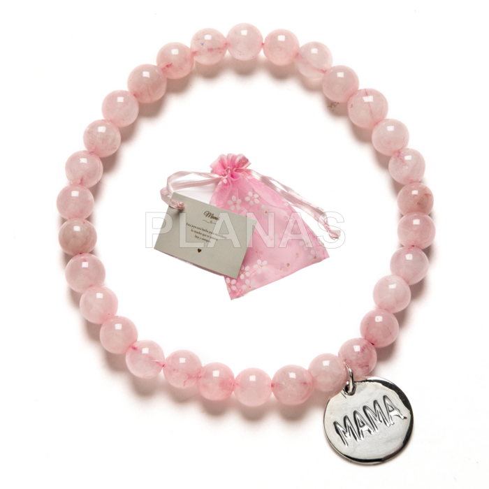 Pulseira elástica em quartzo rosa e prata de lei. mama.   
