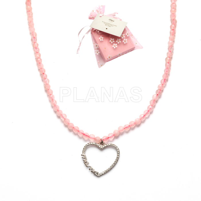 Collar en Plata de ley Rodiada y Quarzo Rosa de 4mm.  MAMA.