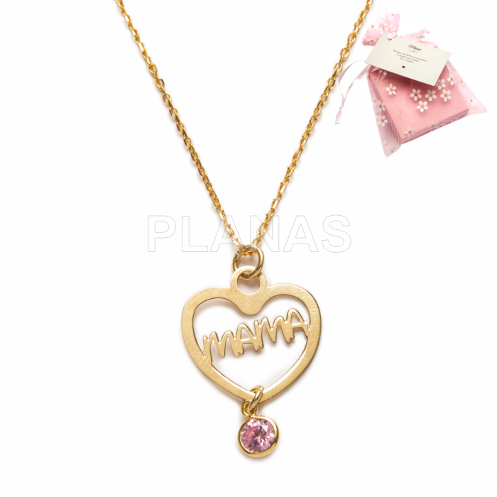 Collar en Plata de ley y Baño Oro con Circonita rosa. MAMA.