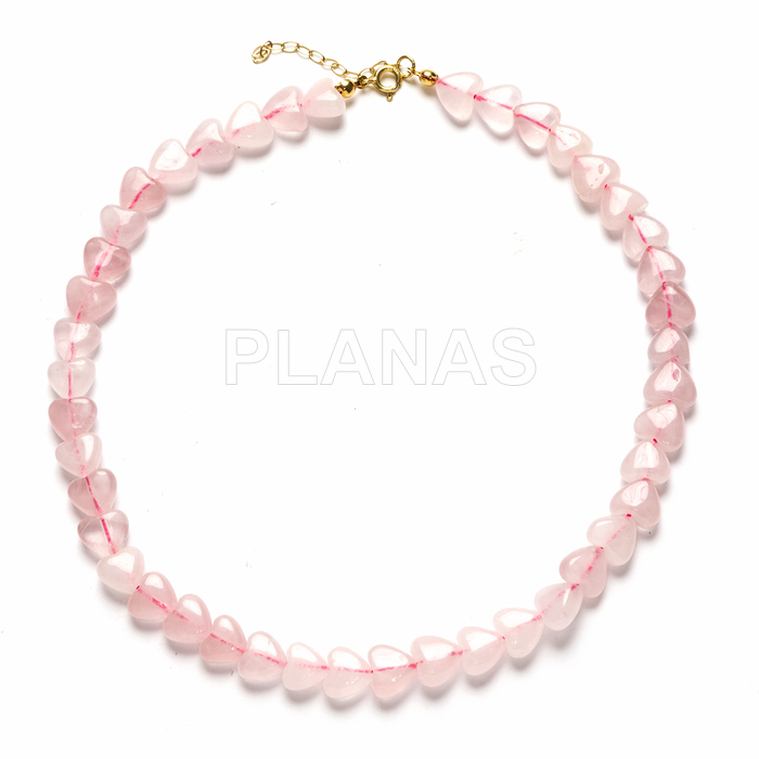 Colar para mãe em prata de lei e banhado a ouro com corações de quartzo rosa de 10 mm.  