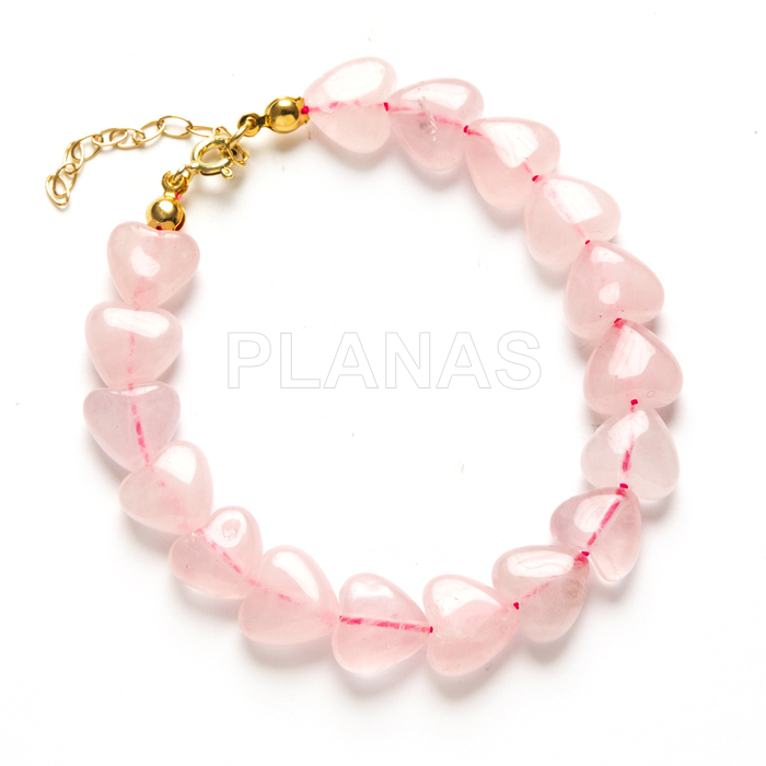 Pulsera para Mama en plata de ley y Baño Oro con  corazones de Quarzo Rosa.