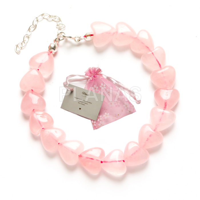 Pulseira para a mãe em prata de lei com corações de quartzo rosa.