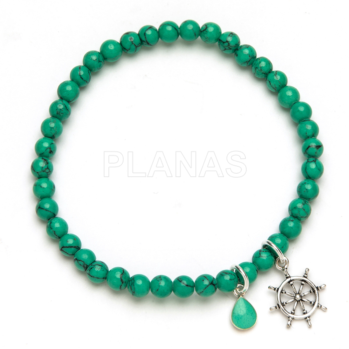 Pulseira elástica em prata de lei e turquesa. helm.  