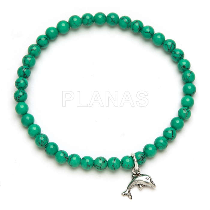 Pulseira elástica em prata de lei e turquesa. golfinho.  