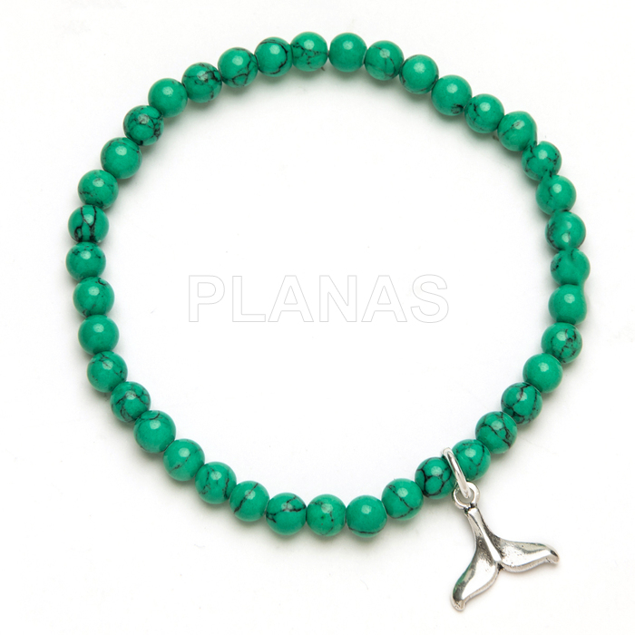 Pulseira elástica em prata de lei e turquesa. cauda de baleia.  