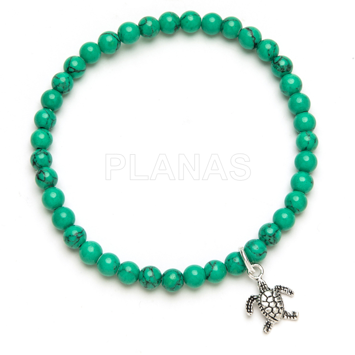 Pulsera elástica en plata de ley y Turquesa. TORTUGA.  