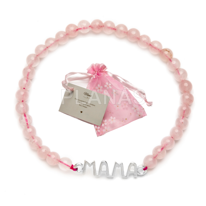 Pulseira elástica em quartzo rosa de 4mm e prata de lei. mama.