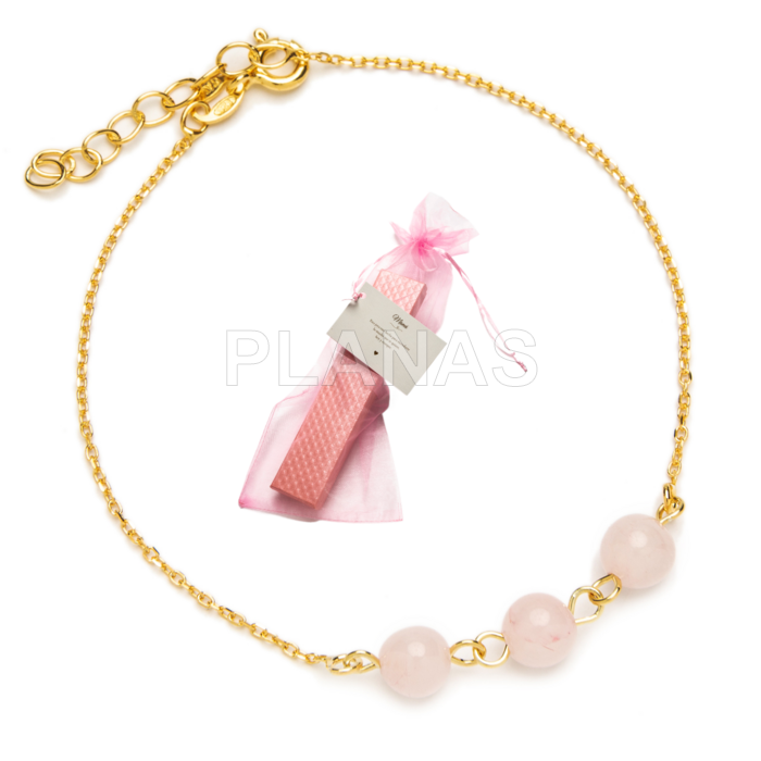 Pulseira para mãe em prata de lei com banho de ouro e quartzo rosa.