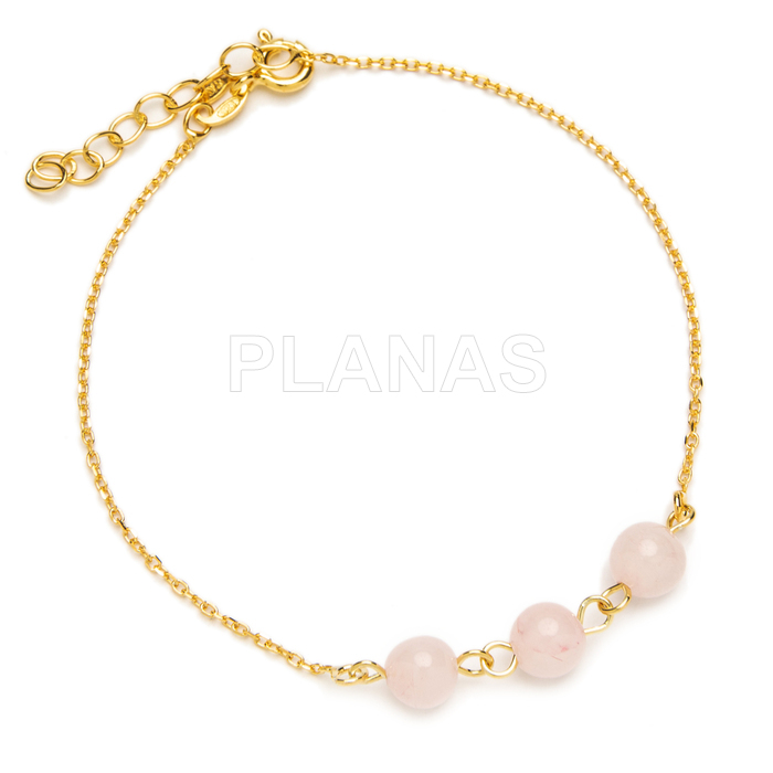 Pulseira para mãe em prata de lei com banho de ouro e quartzo rosa.