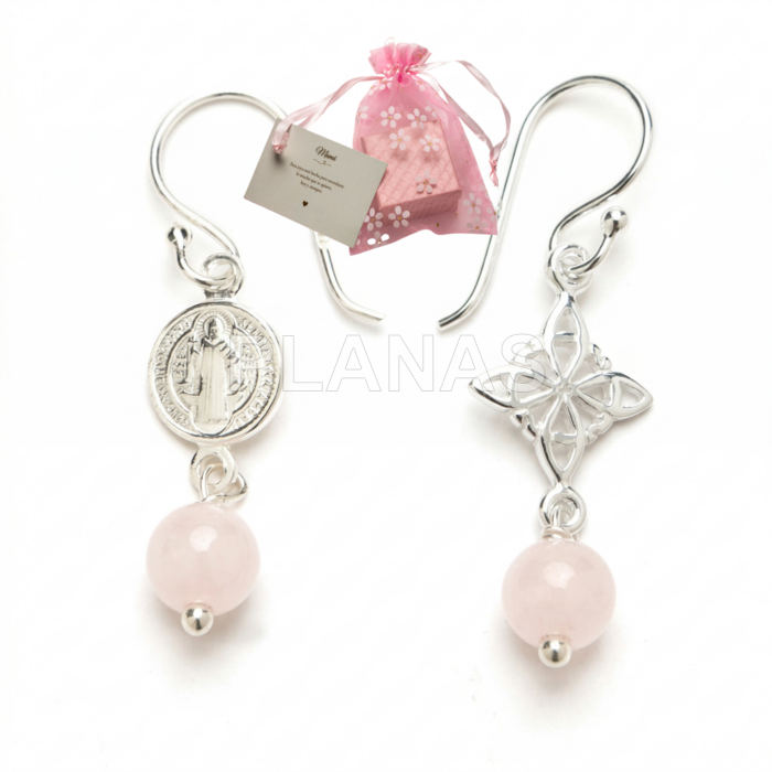 Brincos para a mãe em prata de lei e quartzo rosa. tripla proteção.