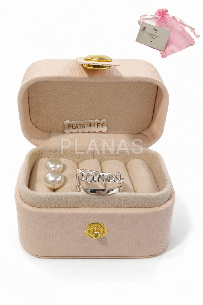 Pack de Anillo de mama , pendientes perla cultivada en plata de ley y Joyero.