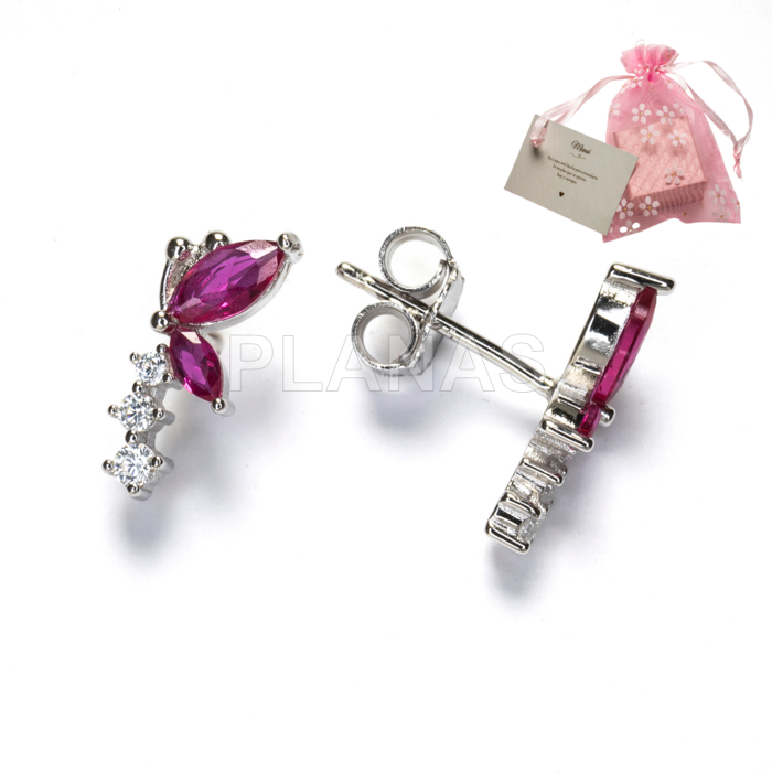 Pendientes en Plata de ley Rodiada y Circonitas Rubí. MARIPOSA.