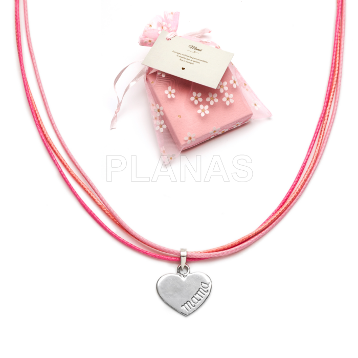 Collar en plata de ley y cordones rosas. CORAZÓN MAMA.