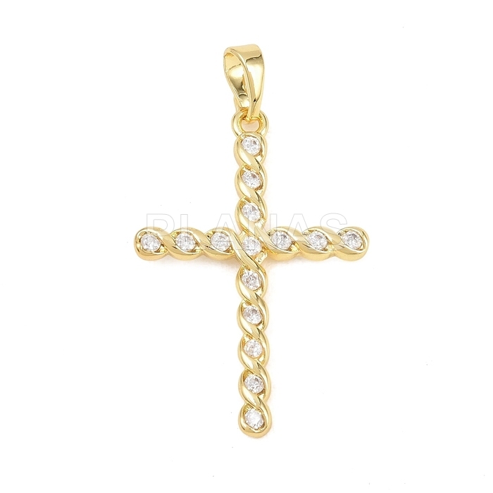 Colgante en latón y circonitas Blancas. CRUZ. 
