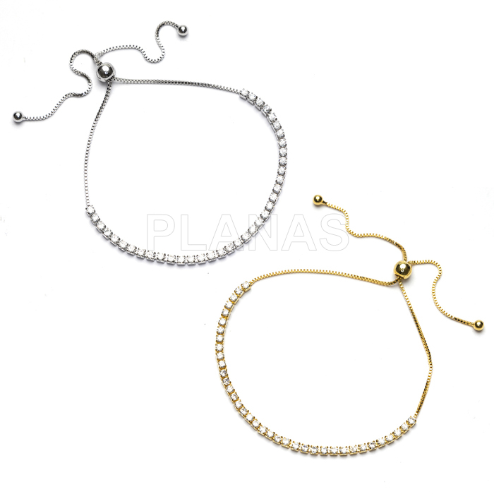 Pulseira de latão e zircônias cúbicas com nó deslizante.  