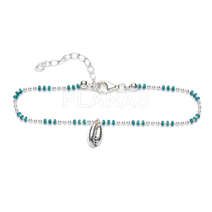 Pulseira em prata de lei com contas esmaltadas. concha.