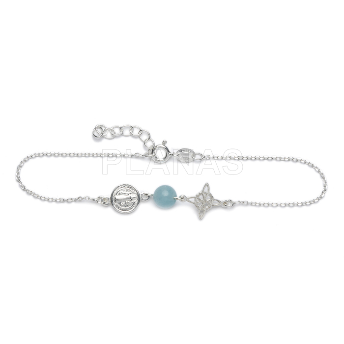 Pulseira em prata de lei com medalha de são bento, nó de bruxa e água-marinha. tripla proteção.